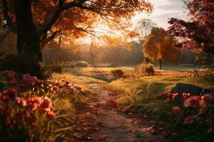 une chemin dans le milieu de un l'automne champ avec des arbres et fleurs génératif ai photo