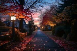 une chemin dans le milieu de l'automne feuilles à nuit génératif ai photo