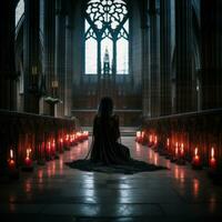 une la personne séance dans le milieu de une église avec bougies génératif ai photo