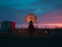 une la personne permanent dans de face de une grand l'horloge génératif ai photo