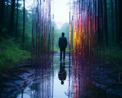 une la personne permanent dans le milieu de une forêt génératif ai photo