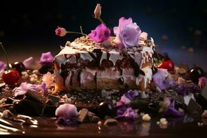 une pièce de gâteau avec Chocolat et cerises sur il génératif ai photo