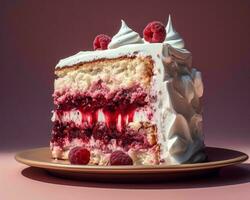 une pièce de gâteau avec blanc Glaçage et framboises génératif ai photo