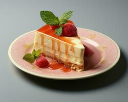 une pièce de cheesecake sur une rose assiette avec framboises génératif ai photo