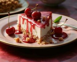 une pièce de cheesecake sur une assiette avec cerises génératif ai photo