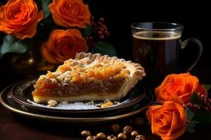 une pièce de tarte est assis sur une assiette suivant à une tasse de café génératif ai photo