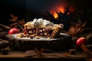 une pièce de tarte avec fouetté crème et cerises sur une en bois table génératif ai photo