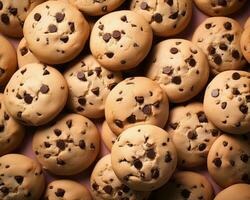 une pile de Chocolat puce biscuits sur une rose Contexte génératif ai photo