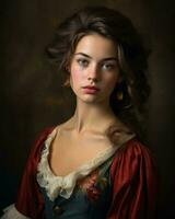 une portrait de une magnifique femme dans une rouge robe génératif ai photo