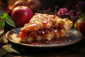 une tranche de Pomme tarte avec caramel sauce sur une assiette génératif ai photo