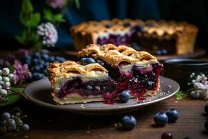 une tranche de myrtille tarte sur une assiette sur une en bois table génératif ai photo