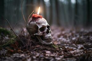 une crâne avec une allumé bougie dans le milieu de une forêt génératif ai photo
