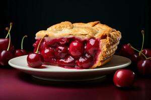 une tranche de Cerise tarte sur une assiette avec cerises génératif ai photo