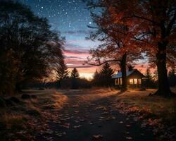 une petit cabine dans le les bois à nuit avec étoiles dans le ciel génératif ai photo