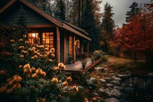 une petit cabine dans le les bois à nuit génératif ai photo