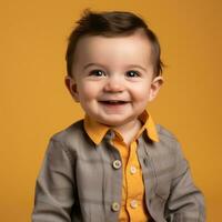 une souriant bébé garçon dans une gris chemise et Jaune chemise génératif ai photo