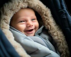 une souriant bébé dans une voiture siège génératif ai photo