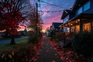 une rue doublé avec Maisons à le coucher du soleil avec feuilles sur le sol génératif ai photo
