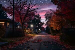 une rue avec feuilles sur le sol et étoiles dans le ciel génératif ai photo