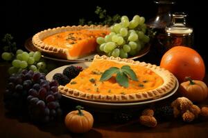 une table avec deux tartes et les raisins sur il génératif ai photo