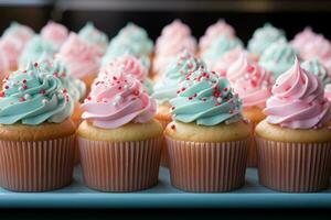 une plateau de petits gâteaux avec rose et bleu Glaçage génératif ai photo