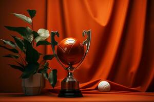 une trophée est assis sur une table suivant à une plante génératif ai photo