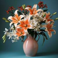 une vase rempli avec blanc et Orange fleurs de lys génératif ai photo