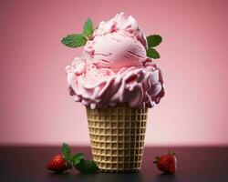 une gaufre cône avec rose la glace crème et des fraises génératif ai photo