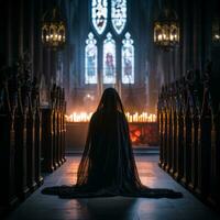 une femme dans une noir manteau séance dans le milieu de une église génératif ai photo