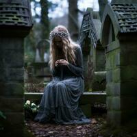 une femme dans une noir robe séance sur une banc dans une cimetière génératif ai photo