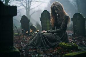 une femme dans une noir robe séance sur le sol dans une cimetière génératif ai photo