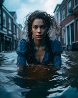 une femme dans une bleu robe permanent dans une inondé rue génératif ai photo