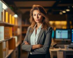 une femme dans une affaires costume permanent dans de face de une ordinateur génératif ai photo