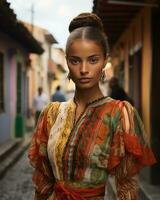 une femme dans une coloré robe permanent sur une pavé rue génératif ai photo