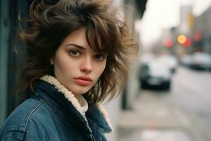 une femme dans une denim veste permanent sur le rue génératif ai photo