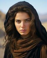 une femme dans une désert avec une noir châle sur sa tête génératif ai photo