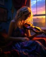 une femme dans une robe en jouant une violon génératif ai photo