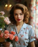 une femme dans une floral robe en portant une vase de fleurs génératif ai photo