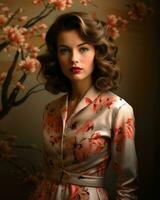 une femme dans une floral robe avec rouge rouge à lèvres génératif ai photo