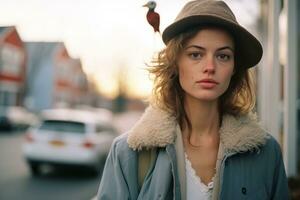 une femme dans une chapeau et manteau permanent sur le rue génératif ai photo