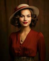 une femme dans une chapeau et rouge robe posant pour le caméra génératif ai photo