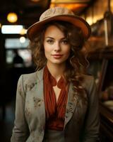 une femme dans une chapeau et veste posant pour le caméra génératif ai photo