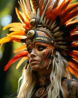 une femme dans une coiffure avec plumes sur sa visage génératif ai photo