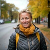 une femme dans une veste et écharpe permanent sur le rue génératif ai photo