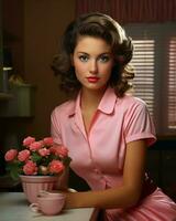 une femme dans une rose robe séance à une table avec fleurs génératif ai photo