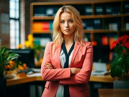 une femme dans une rose costume permanent dans de face de une bureau génératif ai photo