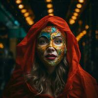 une femme dans une rouge manteau avec une coloré visage masque génératif ai photo