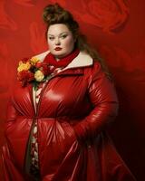 une femme dans une rouge manteau avec fleurs génératif ai photo