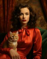 une femme dans une rouge robe en portant une chat génératif ai photo