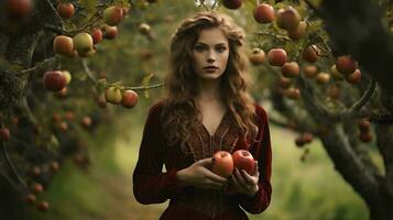 une femme dans une rouge robe en portant pommes dans un verger génératif ai photo